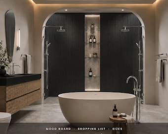 Pre-Designed Dramatic Modern Bathroom Design Plan | Shopping List with Links, Vanity Sizes, Clearances, Tile Details, Instant Download