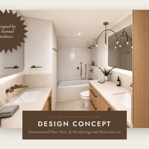 Op de afbeelding: Een aangepast badkamerontwerpconcept met een dubbele wastafel met lichthouten kasten, witte aanrechtbladen en rechthoekige wastafels. De kamer bevat een bad, een toilet en een moderne lamp. Tekst: Designed by a licensed architect.