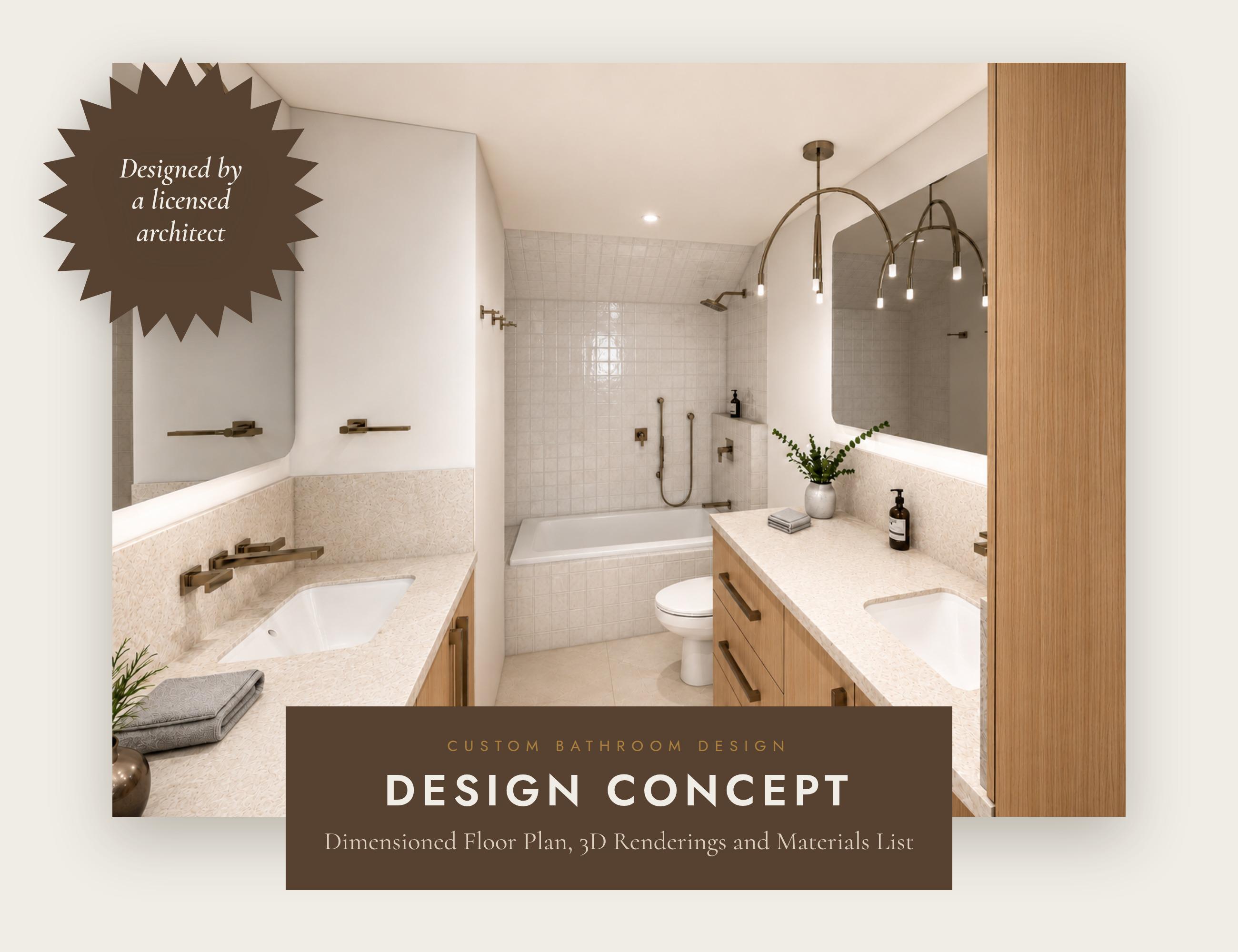 Custom Bathroom Design Concept | Floor Plan, 3D Renderings, Materials List
