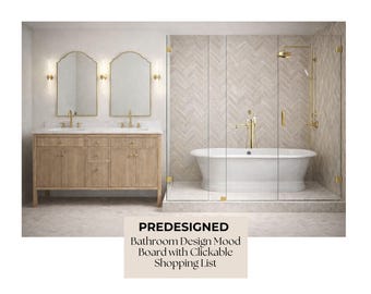 Vintage Bathroom Design Mood Board | Neutral Beige & Gold, Shopping Links, Dimensions and Tips