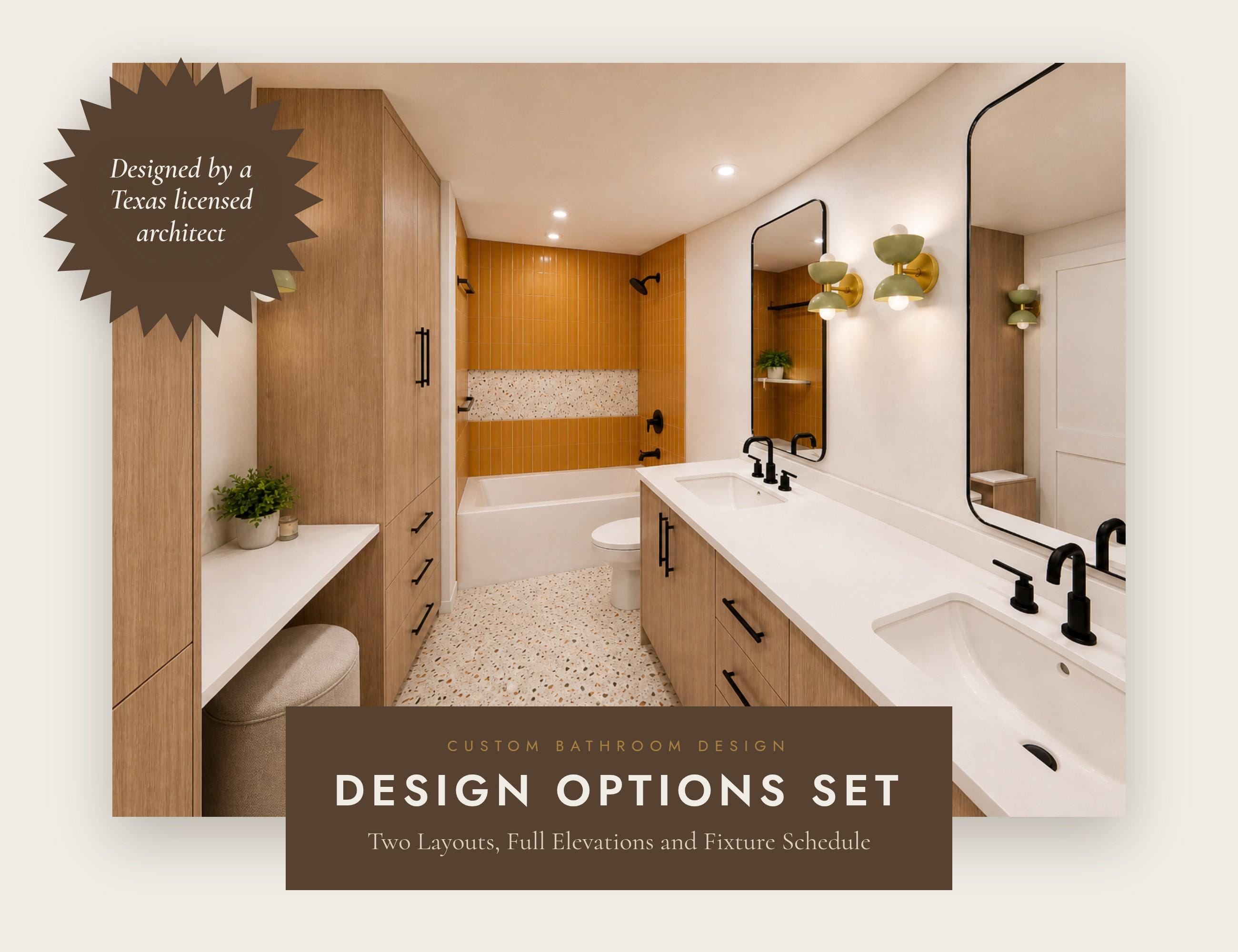 Custom Bathroom Design, Two Layouts, Elevations, Fixture Schedule