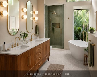 Pre-Designed Midcentury Modern Bathroom Design Plan | Shopping List with Links, Vanity Sizes, Clearances, Tile Details, Instant Download