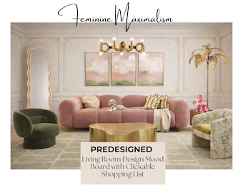 Feminine Maximalist Living Room Mood Board | Glam Eclectic Interior Plan (Digital Download)