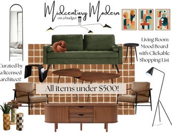 Midcentury Modern Living Room Mood Board Under 500 Dollars | Retro Design Plan with Clickable Shopping List | Affordable Interior Download