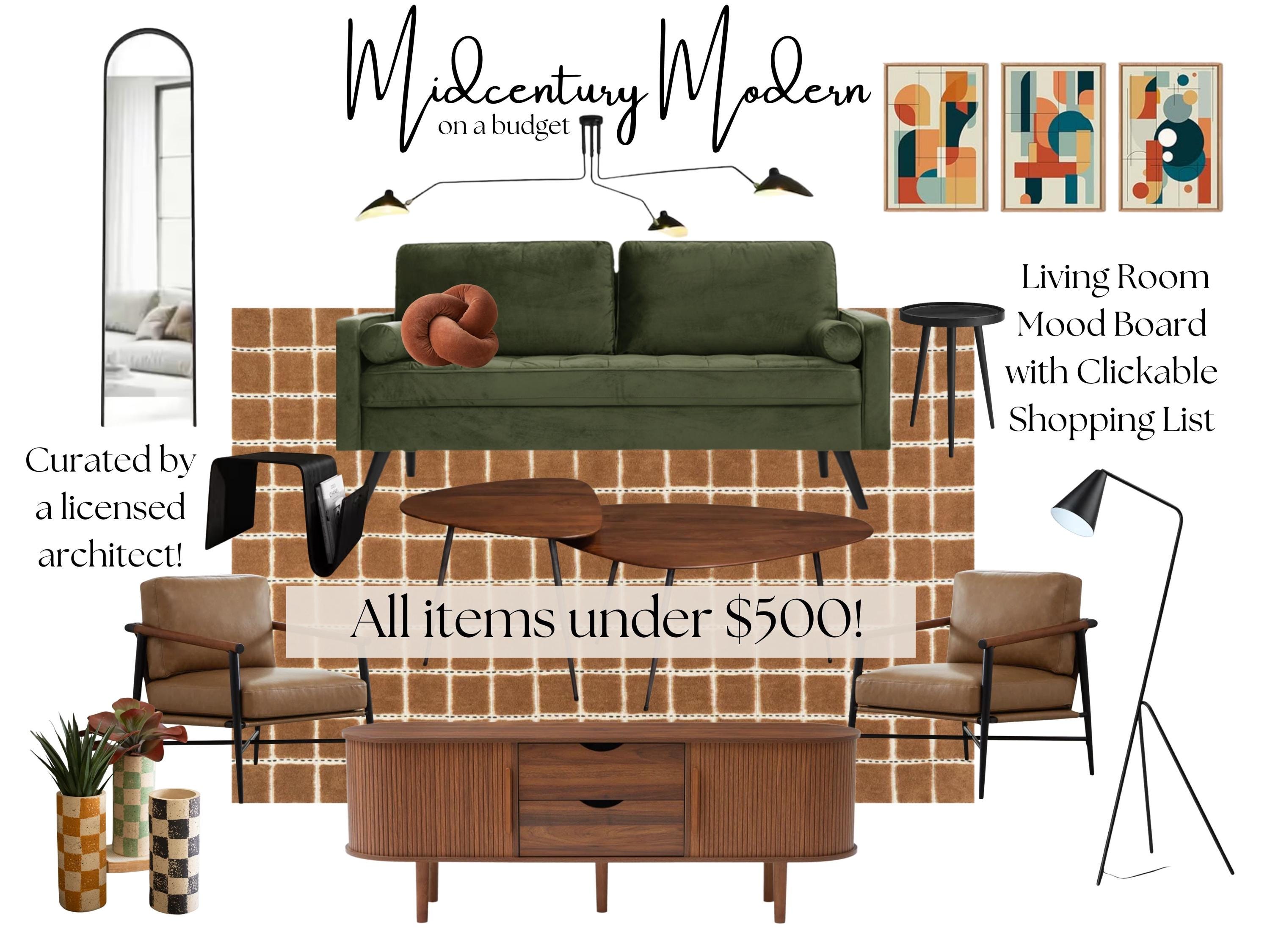 Midcentury Modern Living Room Mood Board Under $500