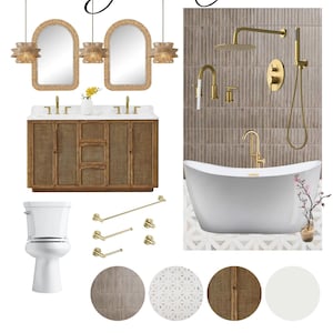 Tablero de ideas para un baño bohemio chic / Plano digital prediseñado con lista de compras interactiva / Diseño de remodelación de baño bohemio moderno