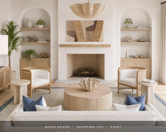 Pre-Designed California Coastal Living Room Design Plan | Shopping List with Links, 3D Render, Paint Colors, Mood Board, Instant Download