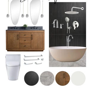 Sfeervol modern badkamermoodboard | Voorontworpen badkamerinterieur met links naar boodschappenlijstjes | Modern badkamerontwerp in zwart en hout