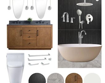 Modern Bathroom Mood Board | Black Tile, Wood Vanity (Digital Download)