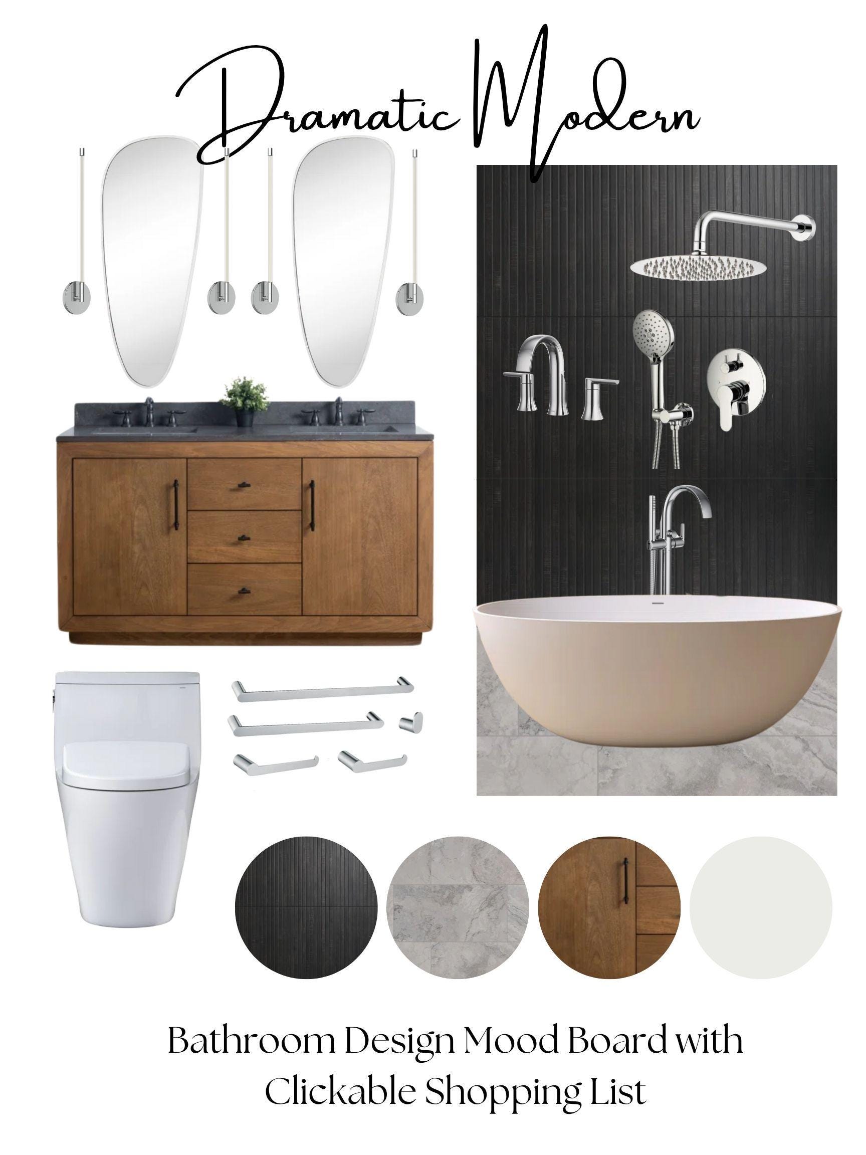 Modern Bathroom Mood Board – Black Tile, Wood Vanity