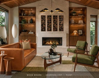 Pre-Designed Midcentury Modern Living Room Design Plan | Shopping List with Links, 3D Render, Paint Colors, Mood Board, Instant Download