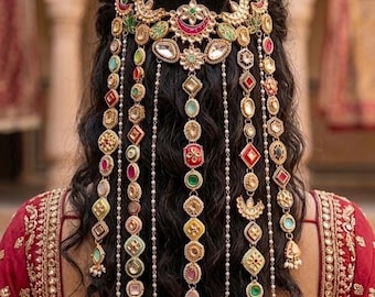 Hochwertiger, mehrfarbiger und weißgoldener Kundan-Haarschmuck – Sheeshphool, Kopfschmuck oder Halskette für Bräute und festliche Anlässe