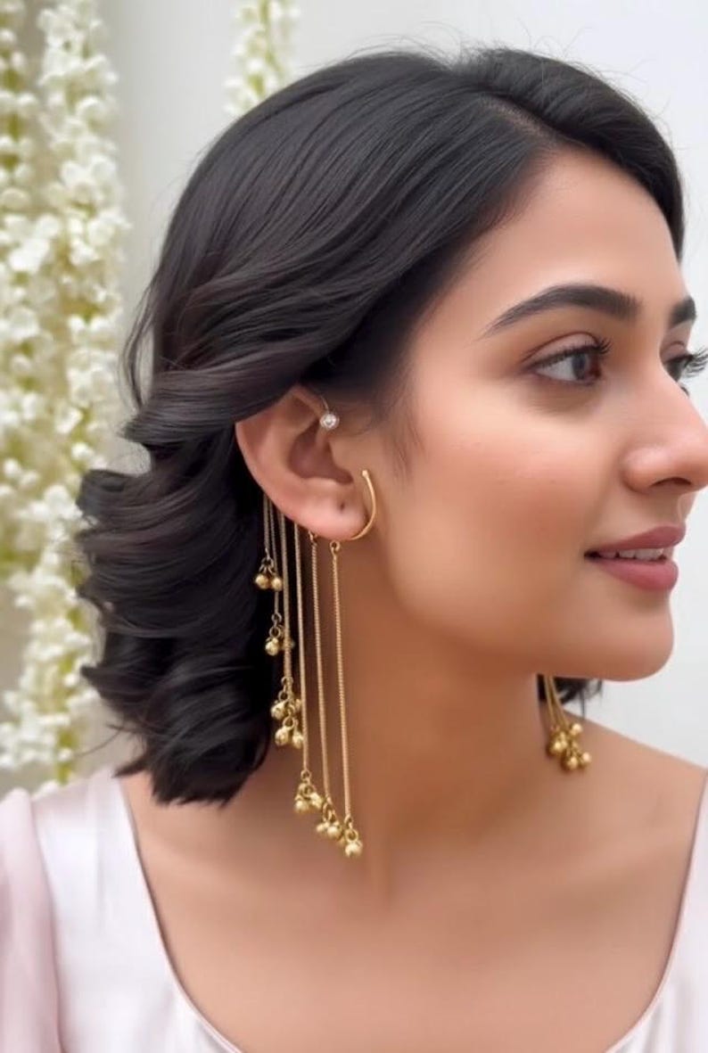 Gold-Toned Ear Cuffs with Jingling Ghungroo Drops, Non-Pierced Wrap Design Design 1 plain