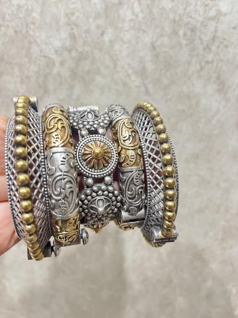 Dual Tone Oxidised Set of 5 Bangles Openable (silver and Gold) - Etsy