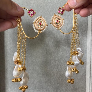 Gold-Toned Ear Cuffs with Jingling Ghungroo Drops, Non-Pierced Wrap Design Design 3 Red