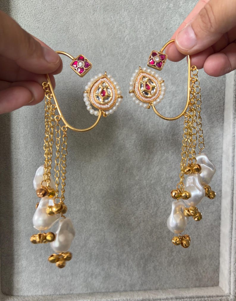 Gold-Toned Ear Cuffs with Jingling Ghungroo Drops, Non-Pierced Wrap Design Design 3 Red