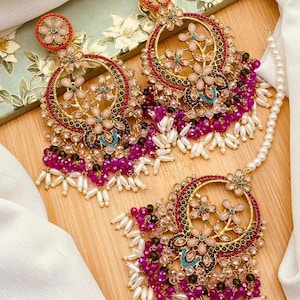 Indian & Pakistani Jewelry Set Gold Plated Earrings Maang Tikka Beaded Bridal Jewelry