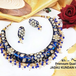 Rajwadi Meenakari Kundan Jadau Hasli Set with Earrings, Rajasthani Bridal Jewelry.