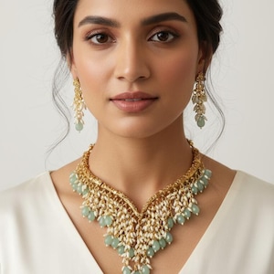 Green Bead & Rice Pearl Necklace Set: Gold Gutapasalu Earrings