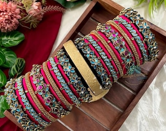 Handmade Silk & Glass Bangle Set, Colorful Indian Jewelry for Festive Occasions and Weddings.