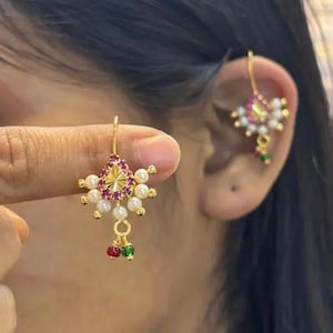 Gold Plated Bugadi Earrings: Indian Ethnic Style, Pearl Stone Hoops