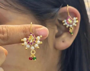 Gold Plated Bugadi Earrings: Indian Ethnic Style, Pearl Stone Hoops