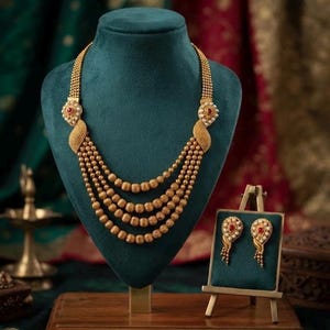 Può includere: Una collana multi-filo color oro composta da quattro file di perline sferiche testurizzate, arricchita da due elementi laterali decorativi con piccole perle bianche e una pietra rossa centrale. Orecchini pendenti abbinati.
