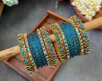 Handmade Silk & Glass Bangle Set, Colorful Indian Jewelry for Festive Occasions and Weddings.
