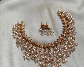 Gold Plated Rice Pearl Gutapusalu Necklace & Earrings: South Indian Temple Jewelry