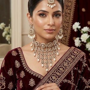 Op de afbeelding: Een vrouw draagt een bordeauxrode fluwelen blouse en sierlijke gouden sieraden. De sieraden omvatten een choker-ketting, oorbellen en een hoofdband, allemaal versierd met parels en kleine stenen. De blouse heeft gouden borduursels.