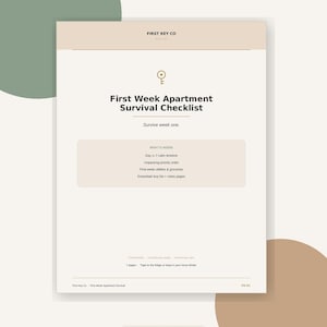 Może przedstawiać: Kremowy dokument zatytułowany First Week Apartment Survival Checklist z ikoną klucza. Zawiera sekcje dotyczące harmonogramu na 7 dni, priorytetów rozpakowywania, mediów, zakupów spożywczych i notatek. Stopka zawiera First Key Co oraz FK-01.