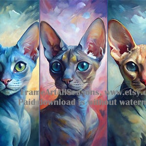 May include: Four vertical digital art panels featuring Sphynx cats in distinct color palettes of blue, purple, beige, and orange. Each cat has large ears and expressive eyes. The text FrameArtAllSeasons. www.etsy.com Paid download is without watermark.