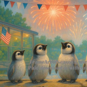Puede incluir: Una pintura digital representa seis pingüinos mirando fuegos artificiales. La escena está ambientada durante una celebración, con una bandera y guirnaldas. Los fuegos artificiales estallan en tonos naranja y azul contra un cielo crepuscular.