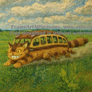 Puede incluir: Pintura al óleo de un autobús con forma de gato que corre por un campo verde bajo un cielo nublado. El autobús es marrón y amarillo, con una gran cara sonriente. La obra de arte evoca una sensación de fantasía y aventura.