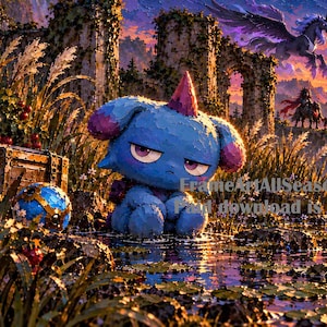 Op de afbeelding: Een digitale illustratie met een blauw wezen met een hoorn dat in een moerassig landschap bij zonsondergang zit. De achtergrond toont ruïnes, een waterval, een gevleugeld paard, een vogel en een kasteel. Tekst FrameArtAllSeasons.com.