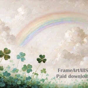 May include: An oil painting showing a rainbow over fluffy white clouds and a field of green and blue-green clovers. The artwork has a textured, impressionistic style, with a soft, pastel colour palette.