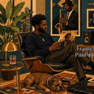 May include: A digital illustration of a person sitting in a leather lounge chair reading a vinyl record sleeve. The room features a record player, speakers, a stack of records, framed portraits of musicians, a dog, and a gold lamp.