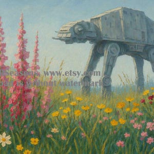 Peut inclure: Une peinture à l'huile représentant un marcheur AT-AT gris dans un champ de fleurs sauvages colorées, incluant de hautes tiges roses, des marguerites jaunes et de petites fleurs violettes sous un ciel bleu clair. Le texte FrameArtAtSeasons www.etsy.com est visible.
