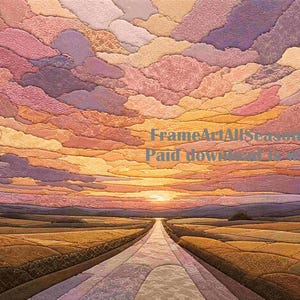 Könnte beinhalten: Ein Landschaftskunstdruck mit einem Sonnenuntergang mit texturierten rosa, violetten und orangefarbenen Wolken über hügeligen goldenen Feldern. Eine zentrale Straße führt zum Horizont, wo die Sonne leuchtet. Der Text FrameArtAllSeasons, www.etsy.com Paid download to remove watermark ist sichtbar.