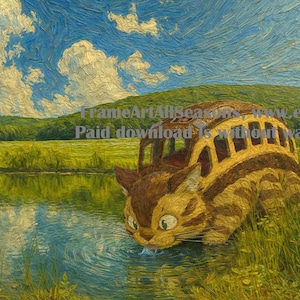 An oil painting depicts a whimsical scene of a bus-shaped cat drinking from a lake. The bus is brown and yellow with a striped pattern. The landscape includes green grass, trees, and a blue sky with fluffy clouds. The artwork has a textured, painterly style.