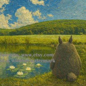 May include: An artistic painting depicts a serene landscape with a lake, green hills, and a blue sky dotted with clouds. A large, gray, furry creature with pointed ears sits near the water, observing the scene. White water lilies float on the lake.