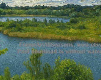 Cuadro decorativo con textura de dos lagos, decoración para casas de lago, arte de lago, arte mural de lago, decoración para dopamina, arte para TV con marco de verano (descarga digital imprimible)