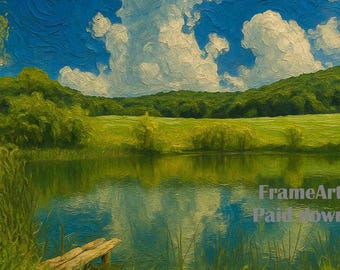 Cuadro decorativo de pared con textura serena de lago y cielo azul, decoración para casas de lago, arte lacustre, decoración que estimula la dopamina, arte para TV con marco de verano (descarga digital imprimible)