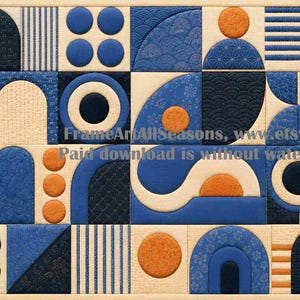 May include: A rectangular wall art piece featuring a grid of geometric shapes in shades of blue, cream, and orange. The composition includes circles, semi-circles, arches, and stripes with various textured patterns, including floral and wave motifs.