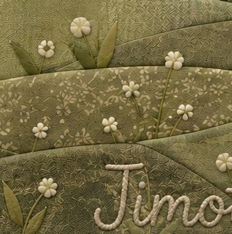 May include: A quilted textile featuring layered sage green fabric panels with textured patterns. The design includes three-dimensional white fabric flowers with green stems and leaves, and the name Timo embroidered in white rope-style lettering.