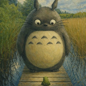 Puede incluir: Ilustración de una criatura grande, gris y peluda con vientre color crema y una pequeña rana verde. La criatura está de pie en una pasarela de madera, con hierba alta y follaje en el fondo. La obra de arte tiene un estilo pictórico.