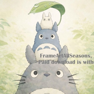 May include: Watercolor illustration of three Totoro characters stacked on top of each other, with a leaf overhead. The largest Totoro is gray, the middle one is blue, and the smallest is white. The background features green foliage.