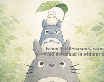 Totoro And Friends Watercolor Painting, Studio Ghibli Decor,Nursery Wall Art,Dopamine Decor,Summer Frame TV Art (Printable Digital Download)