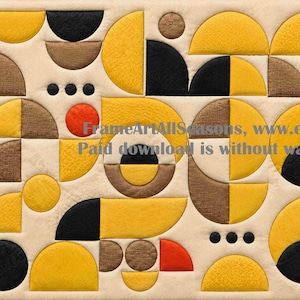 Peut inclure: Une œuvre d'art murale rectangulaire présentant un motif géométrique de demi-cercles et de cercles jaunes, noirs, marron et orange sur fond crème. Le texte FrameArtAllSeasons, www.etsy.com Paid download is without watermark est visible.