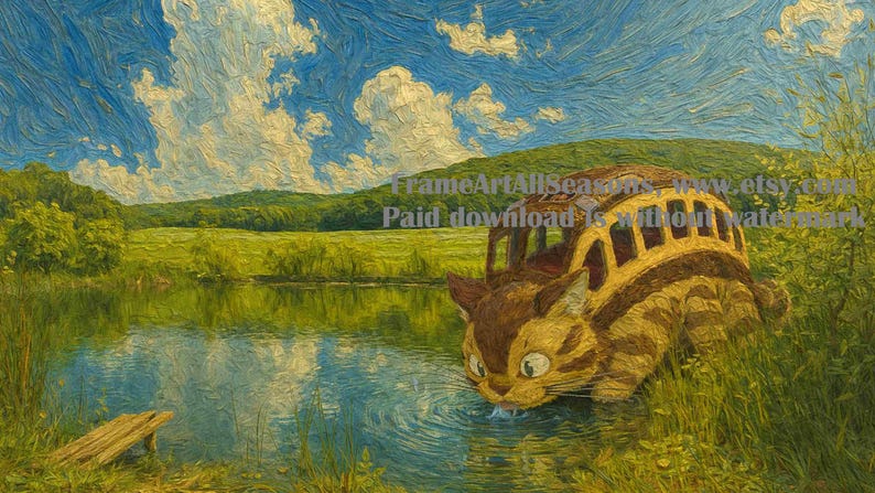An oil painting depicts a whimsical scene of a bus-shaped cat drinking from a lake. The bus is brown and yellow with a striped pattern. The landscape includes green grass, trees, and a blue sky with fluffy clouds. The artwork has a textured, painterly style.